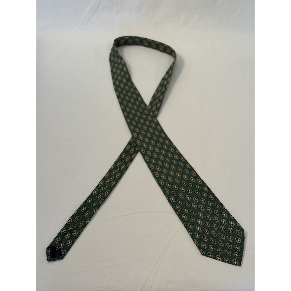 Men’s 100% Silk Tie Roundtree & Yorke Green With Gold Blue Medallion Pattern